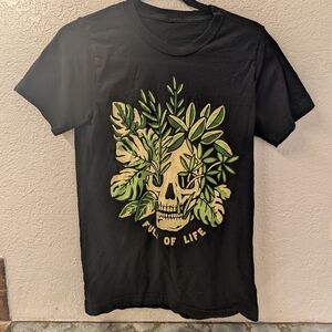 Black T-Shirt with Skull and Leaf Design